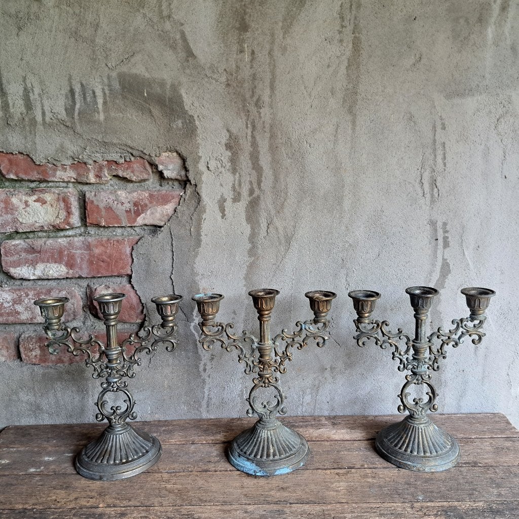 1x Oude brocante Franse koperen kandelaar 3-arms *Etage3*, Gebruikt, ., Ophalen of Verzenden, .