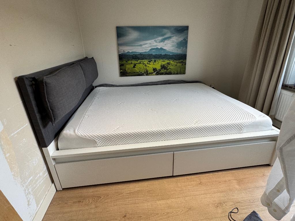 IKEA Malm 160x200 compleet met lades en hoofdbord, Ophalen, Gebruikt, Wit, Tweepersoons