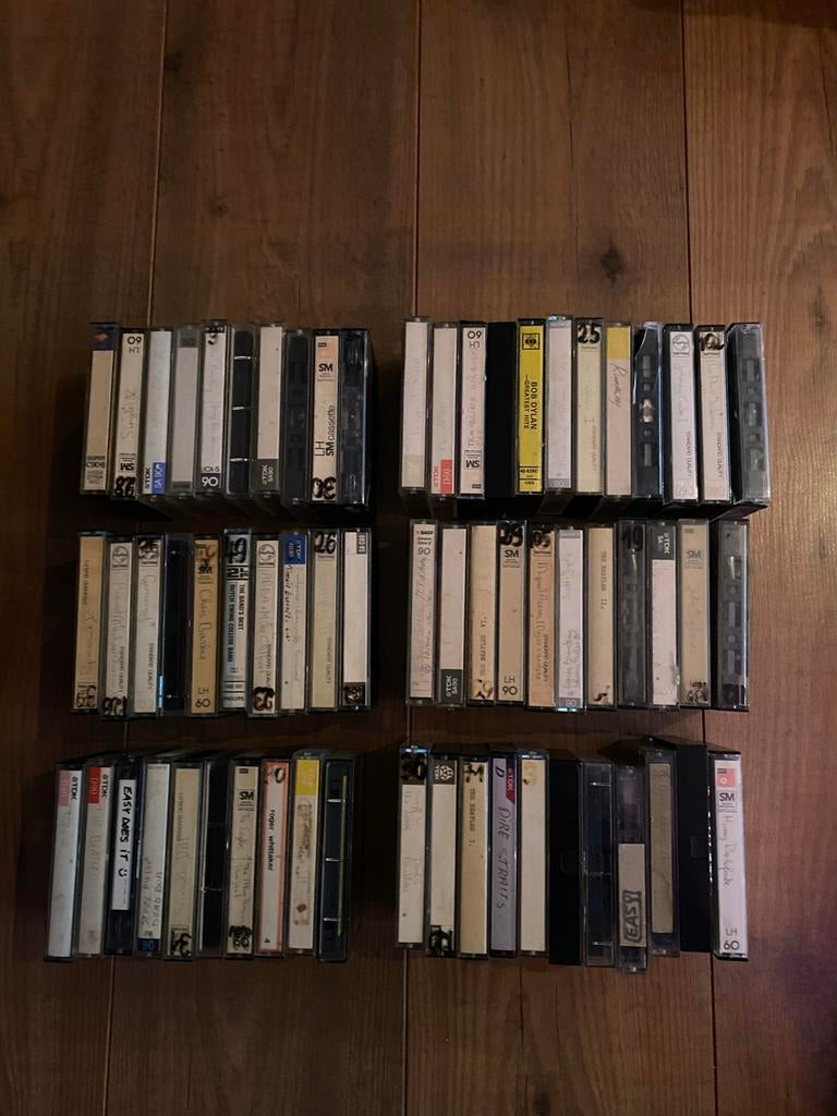 65 zelf opgenomen muziekcassettes jaren '70 en '80, Cd's en Dvd's, Cassettebandjes, Gebruikt, Ophalen of Verzenden, Voorbespeeld