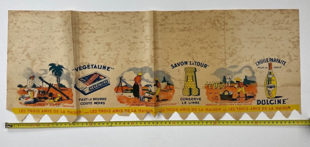 Zeer oude reklame voor olie met een negroide thema op papier, Ophalen of Verzenden, Gebruikt, Verpakking