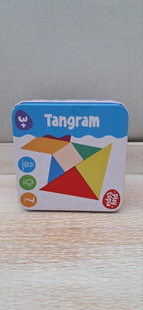 Playtopia Tangram Puzzelspel in Blik - 7 Stukjes, Ophalen of Verzenden, Zo goed als nieuw, Bouwen