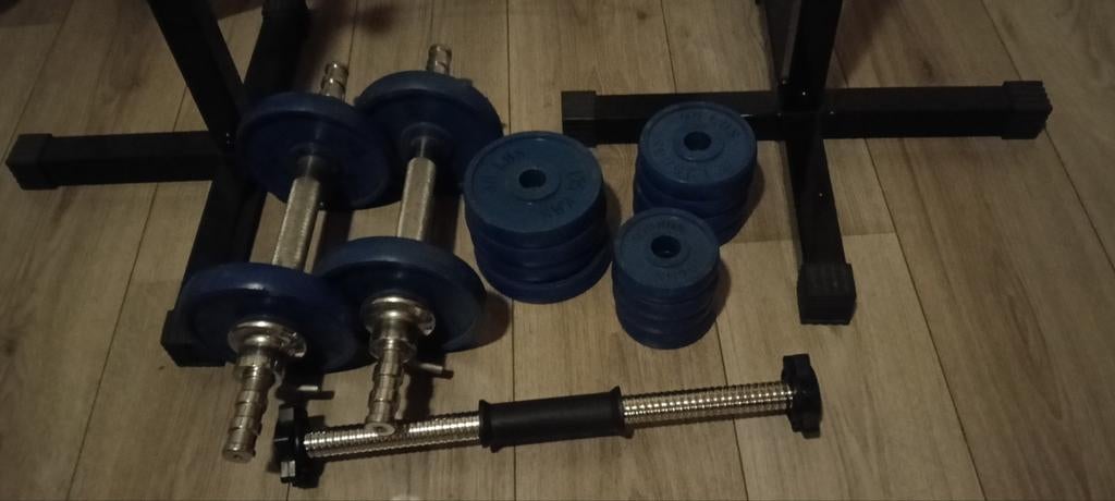 Bankdruk rek+barbell + dumbells + schijven set, Ophalen of Verzenden, Zo goed als nieuw, Halterset