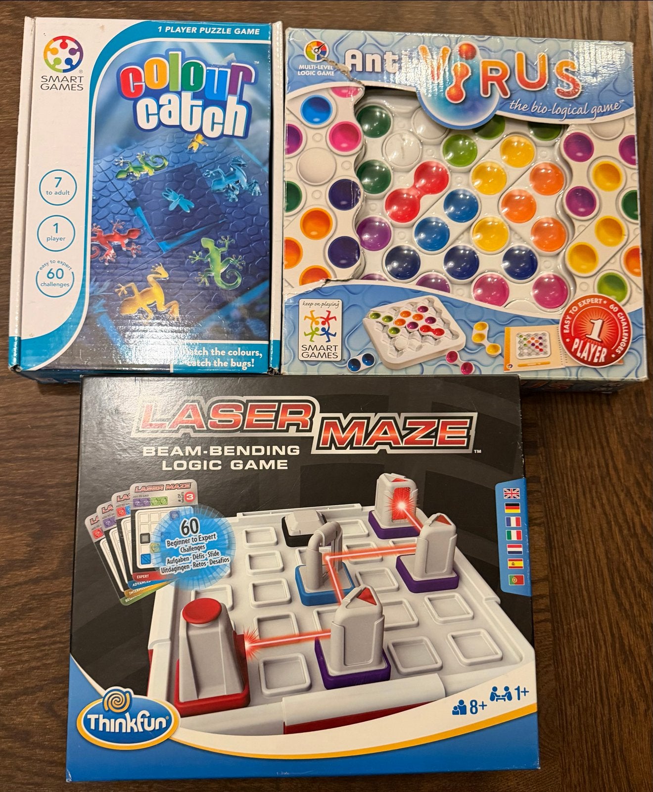 Set van 3 Smart Games: Colour Catch, Anti-Virus, Laser Maze, Een of twee spelers, Ophalen of Verzenden, Gebruikt