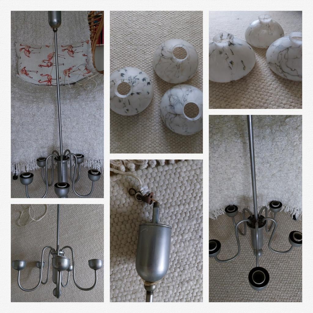 Strak art-deco design chromen hanglamp met 5 armen, Ophalen of Verzenden, Gebruikt