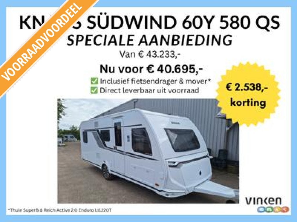 Knaus Sudwind 60 Years 580 QS INCL MOVER EN FIETSDRAGER, Caravans en Kamperen, Caravans, Schokbreker, Bedrijf, Meer dan 6, Knaus