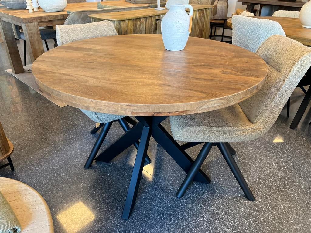 Magazijn leegverkoop ronde eettafel mangohout matrix zwart, Huis en Inrichting, Woonaccessoires | Overige, Hout, Nieuw, Ophalen of Verzenden