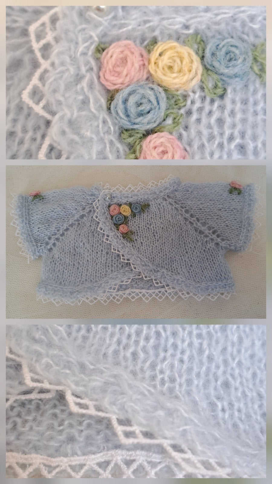 Hand gebreid Brocante Pop Beer vestje NIEUW Babyblauw roosje, Ophalen of Verzenden