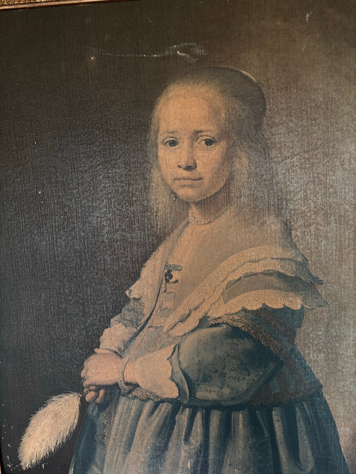 Klassiek schilderij: Portret van een meisje met veer, Doek, Portret of Personen, Ophalen of Verzenden, Olieverf