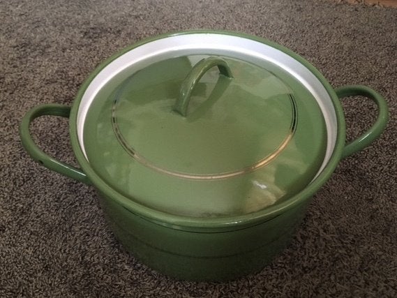 Groen email: grote pan, nest schalen, steelpan, Ophalen of Verzenden