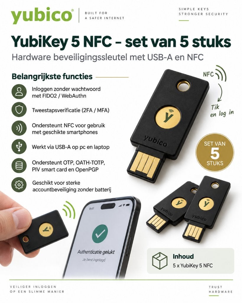 YubiKey 5 NFC – 5 stuks – USB-A en NFC, Ophalen of Verzenden, Zo goed als nieuw, Android