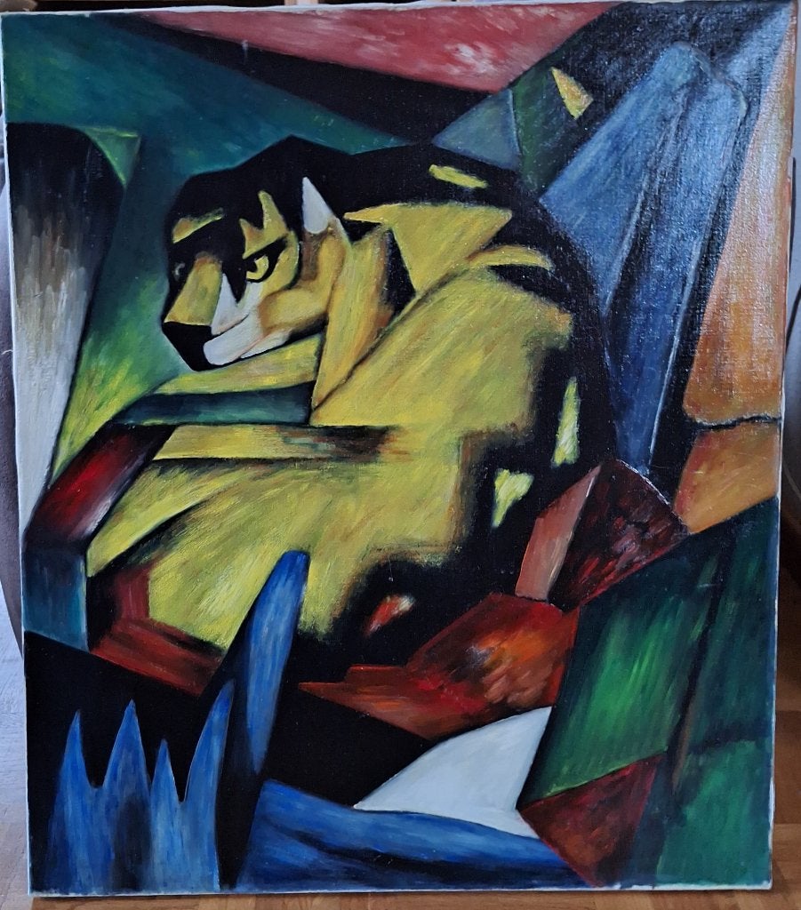Der Tiger, De Tijger, nageschilderd van Franz Marc, Ophalen of Verzenden, Dieren, Handgeschilderd, Olieverf