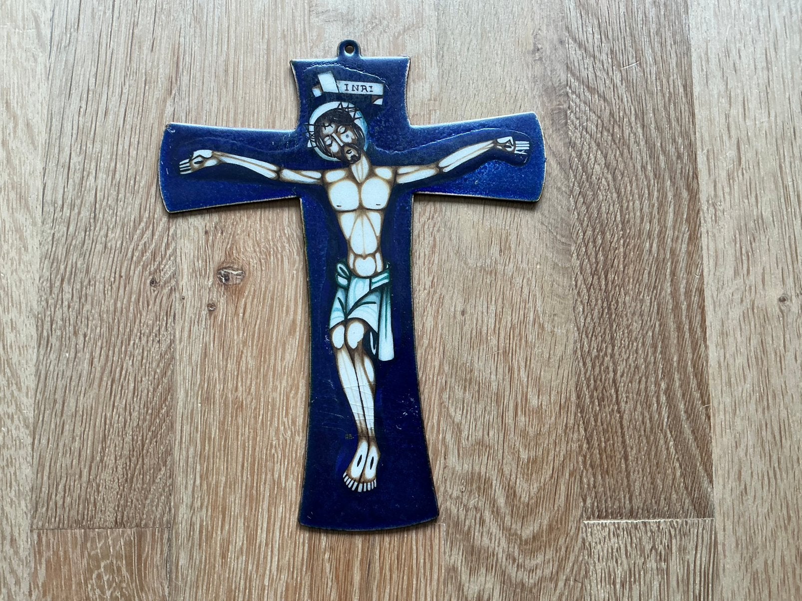 Geëmailleerde koperen kruis met Christus., Ophalen of Verzenden, Zo goed als nieuw