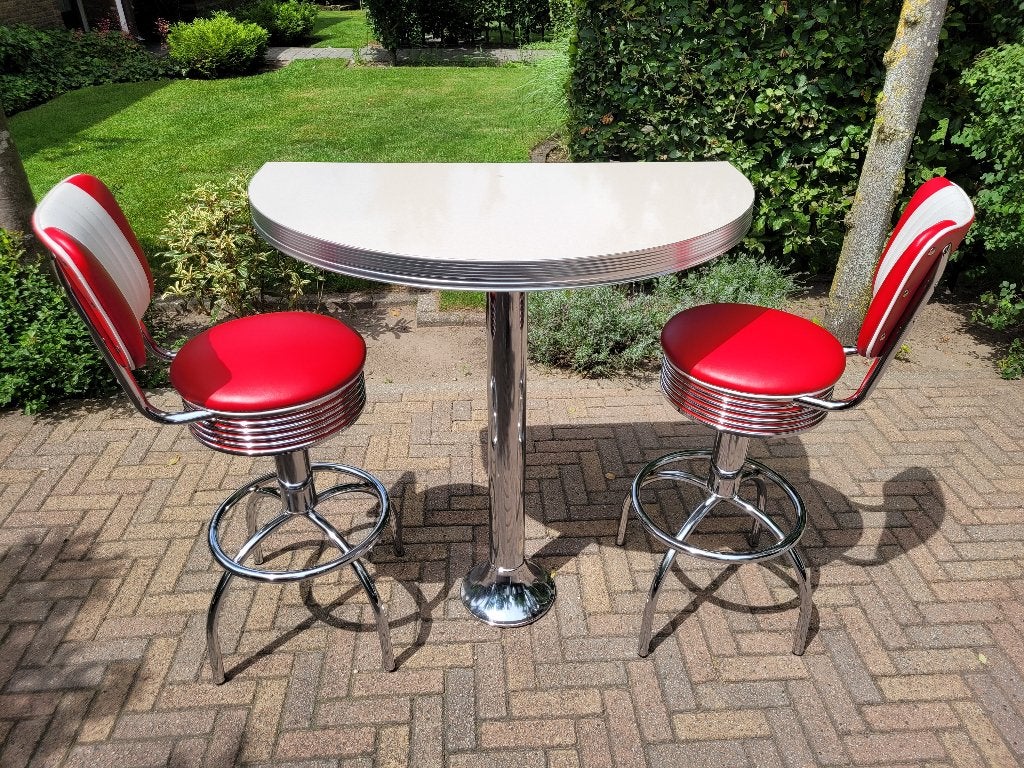 fifties sixties Bel Air Amerikaanse barkrukken + bartafel .., Ophalen, 60 tot 90 cm, Met voetsteun, Zo goed als nieuw