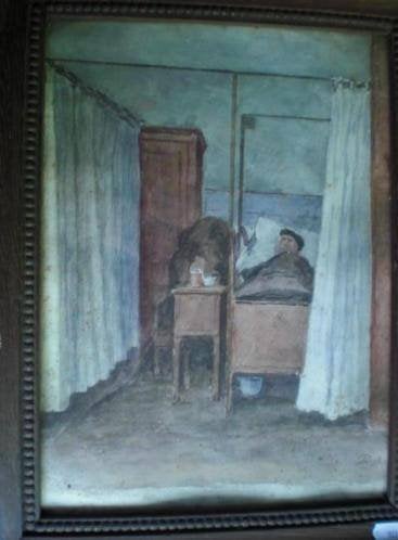 OUDE AQUAREL * PATIËNT IN BED * In Houten Lijst *, Antiek en Kunst, Kunst | Schilderijen | Klassiek, Verzenden, Portret of Personen