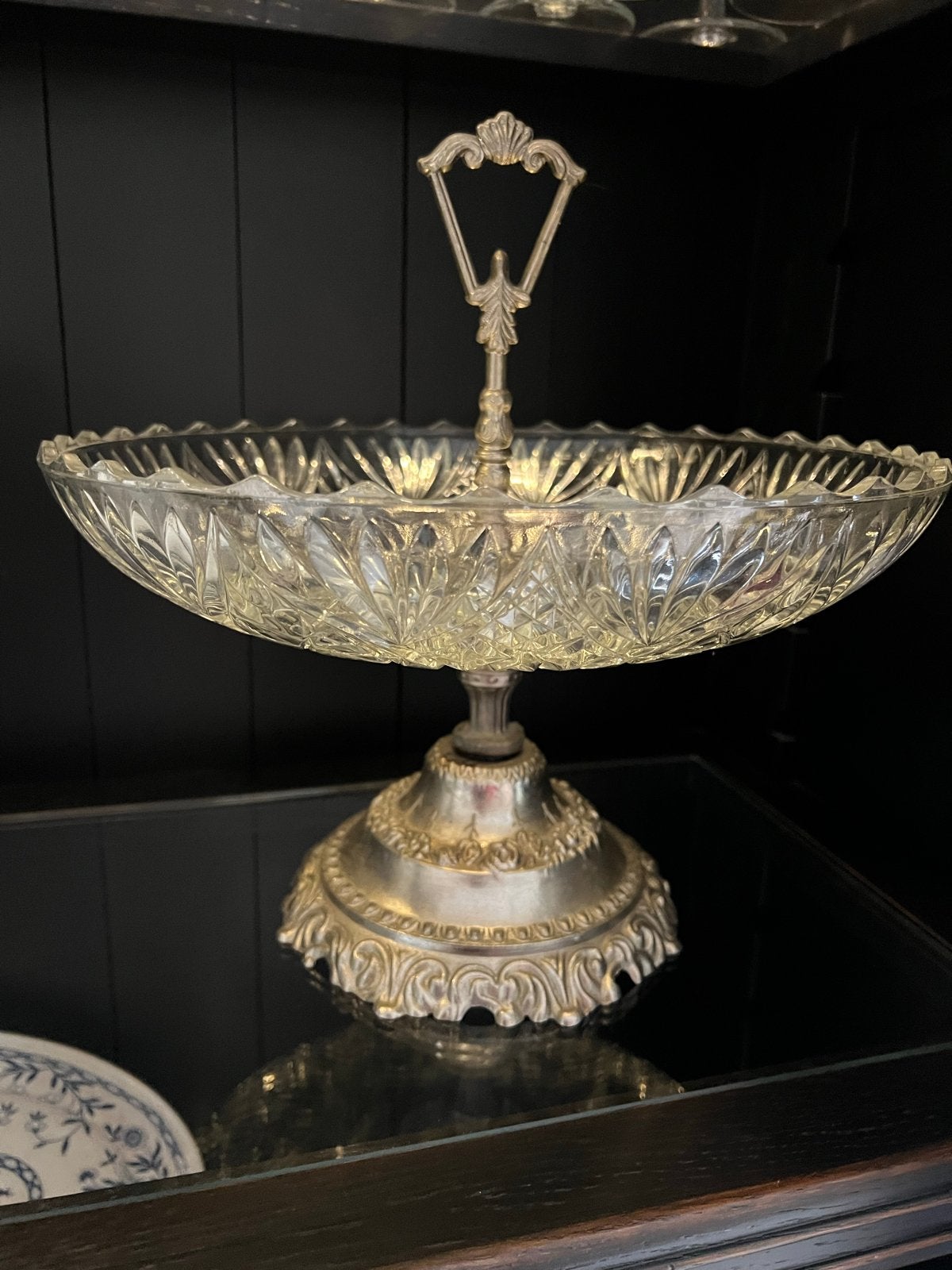 Vintage glazen etagere met metalen voet, Antiek en Kunst, Ophalen of Verzenden