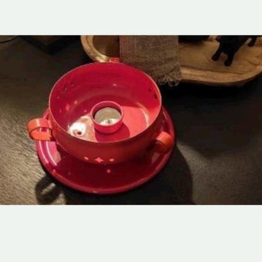 OUD ROOD EMAILLE WAXINE LICHT HOUDER MET ONDERBORD, Ophalen of Verzenden