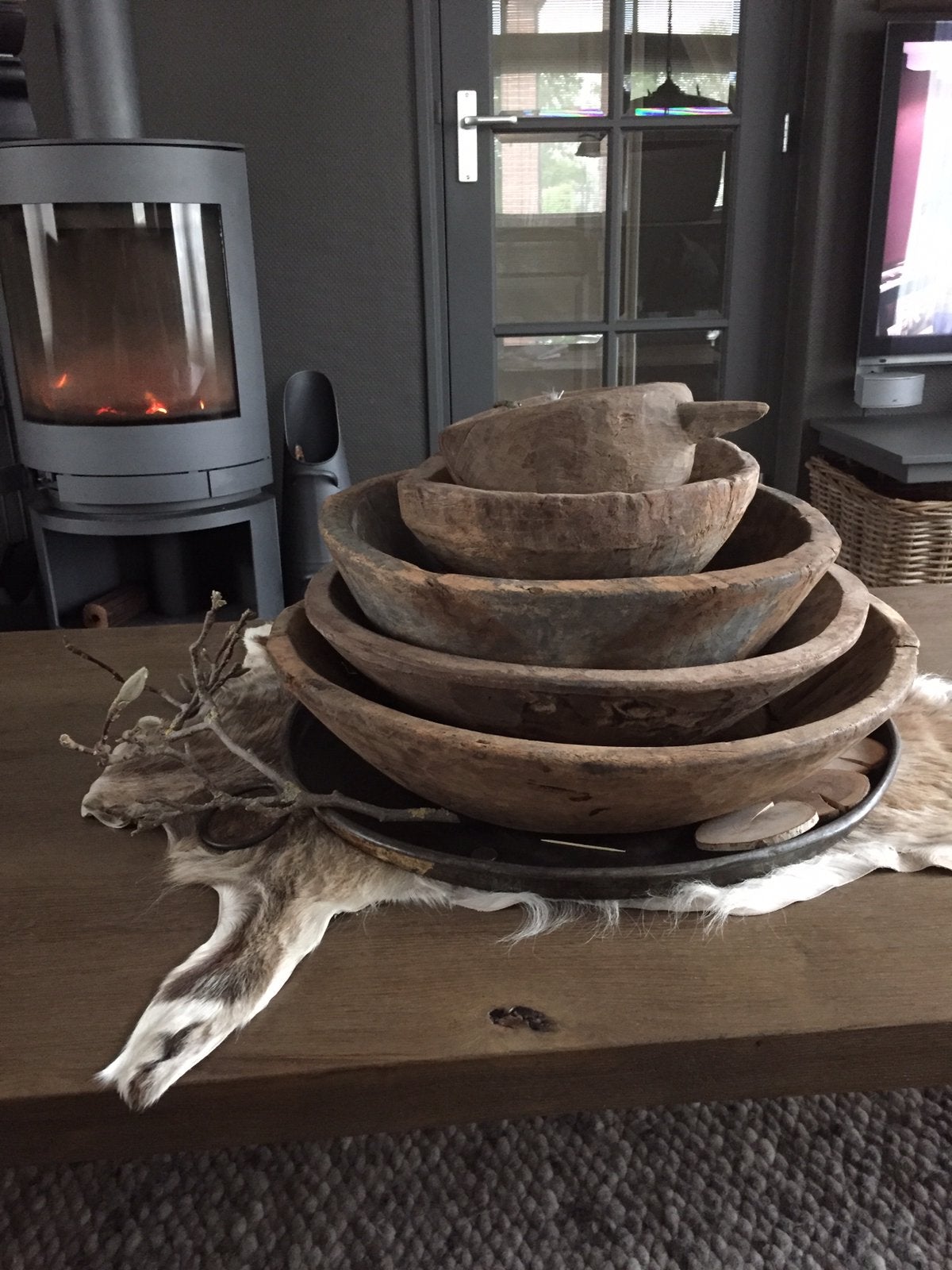 Aura Peeperkorn schalenset (5) rustiek en stoer, Ophalen, Hout, Bruin, Landelijk