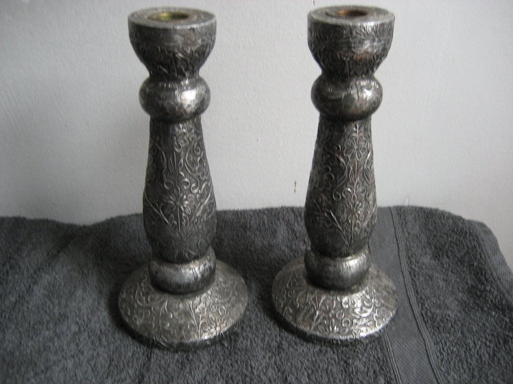 set kandelaars hout met metaal hoogte 26 cm, Ophalen of Verzenden, Zo goed als nieuw, Hout