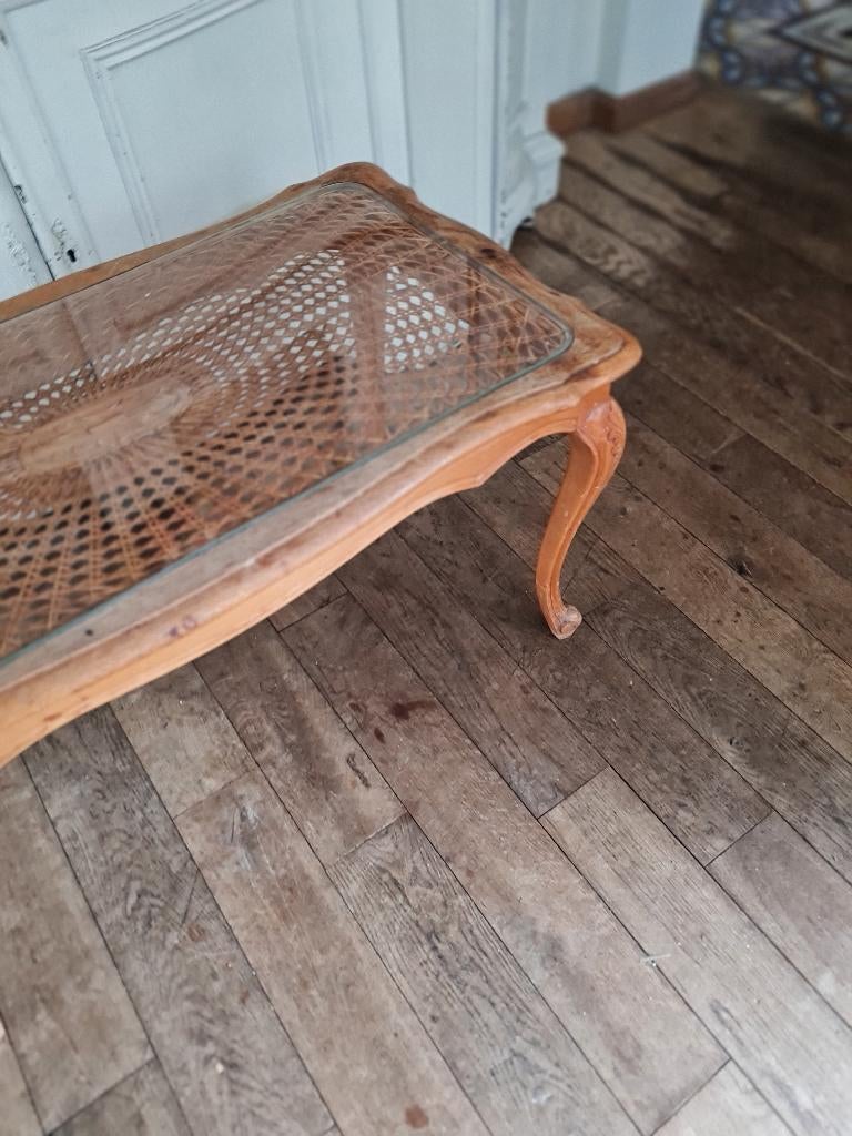 Vintage Queen Ann salontafel met glazen blad, Antiek en Kunst, Ophalen