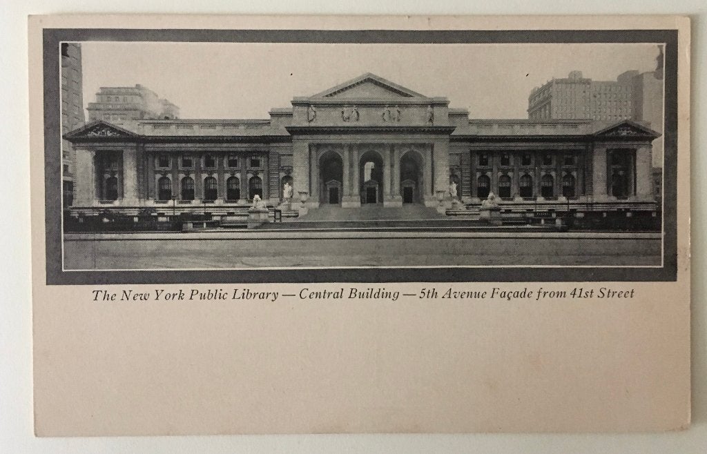 Prentbriefkaart: The New York Public Library, Ophalen of Verzenden, 1920 tot 1940, Ongelopen, Overige thema's