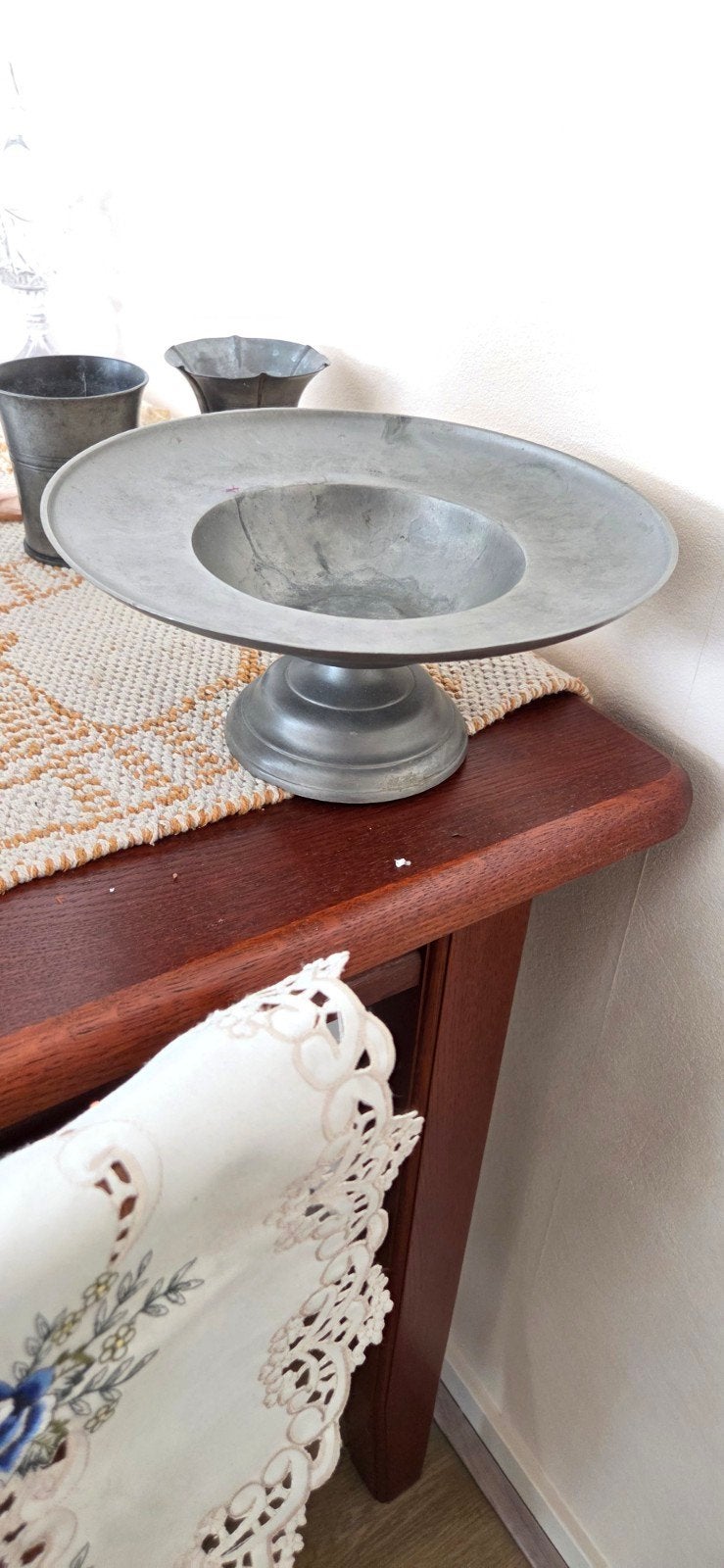 Antieke tinnen schaal op voet - Decoratief object, Ophalen