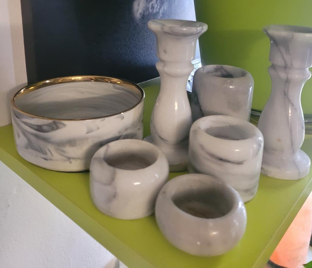 Marmeren Kandelaars en Potjes Set - Elegant & Tijdloos, Overige materialen, Ophalen of Verzenden, Zo goed als nieuw, Grijs