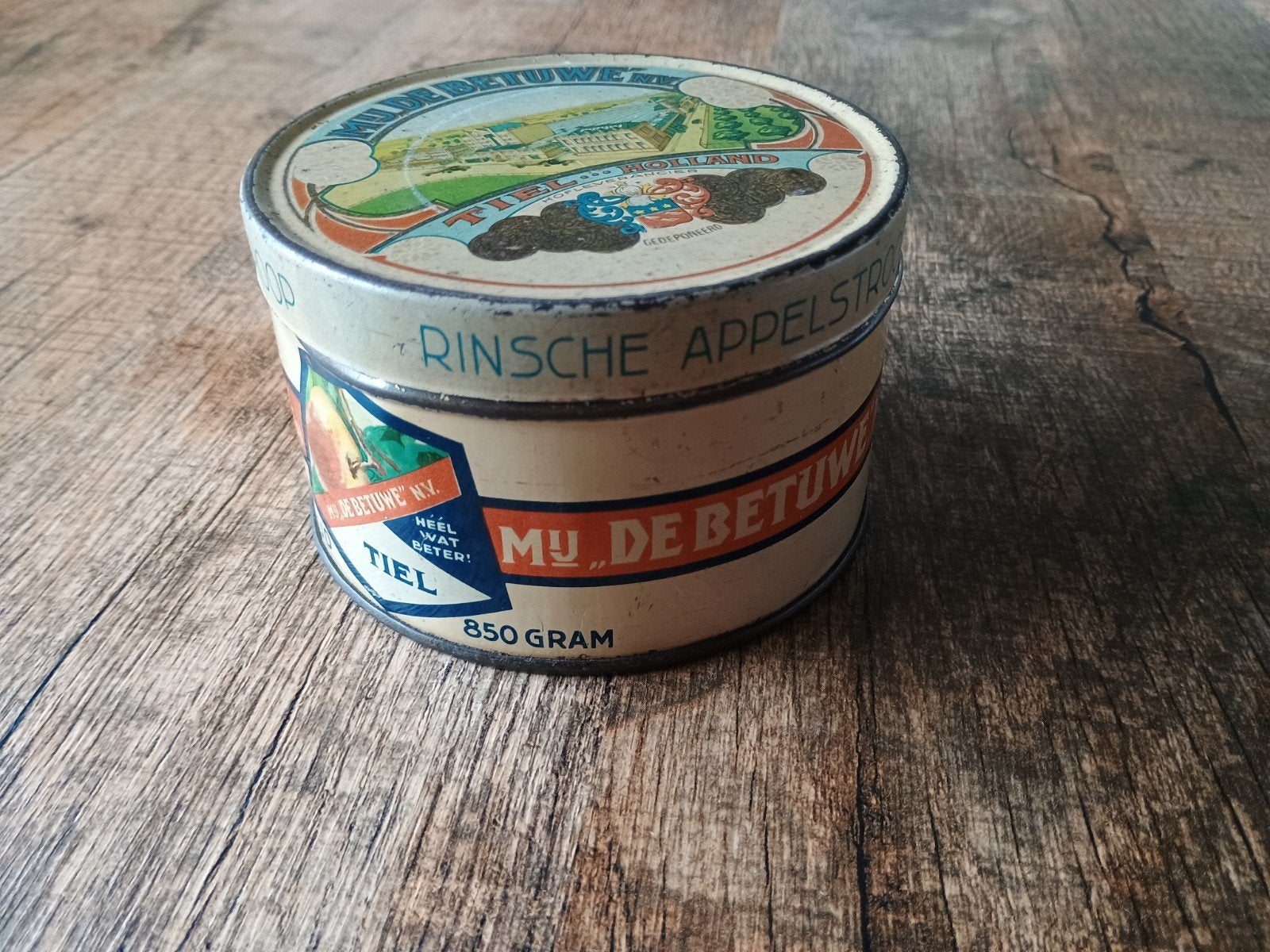 Oud Rinche appelstroop blikje - Flipje van Tiel - De Betuwe, Verzamelen, Ophalen of Verzenden, Gebruikt, Overige