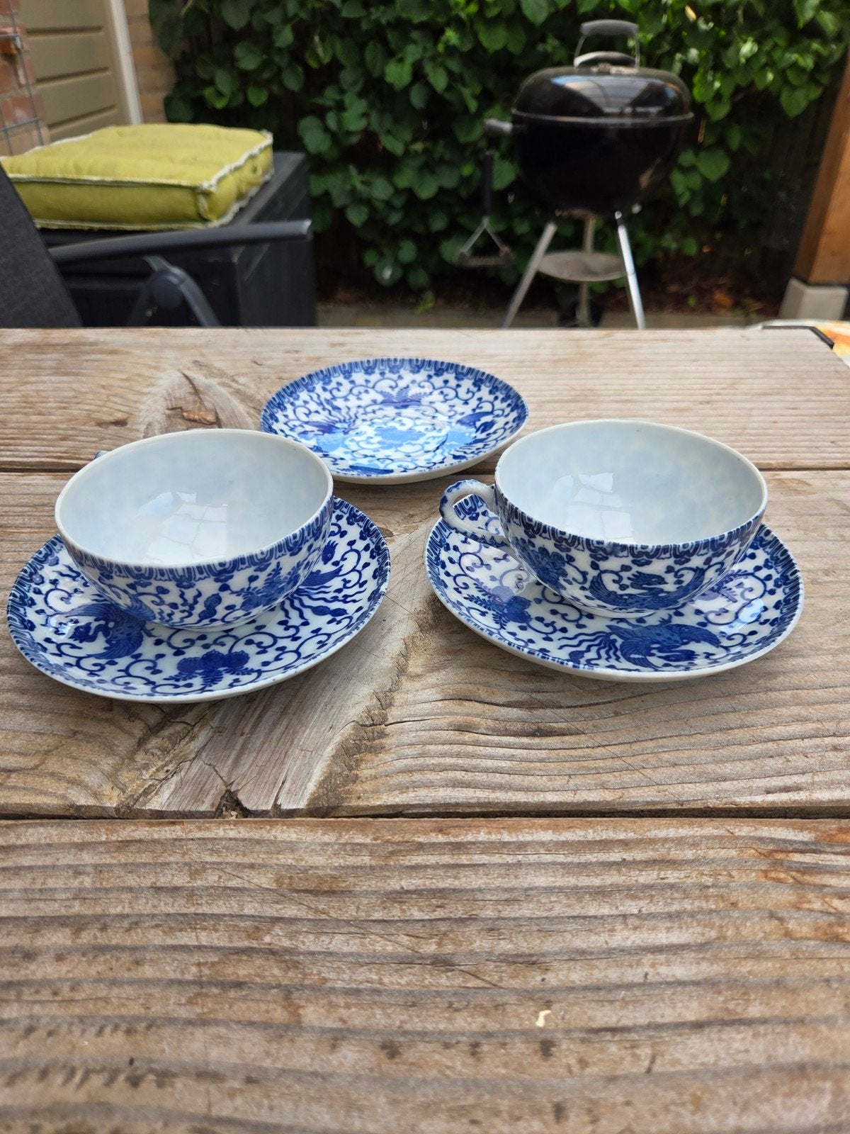 Set van 3 Delfts Blauwe Kop en Schotels met Drakenmotief, Antiek en Kunst, Antiek | Porselein, Ophalen