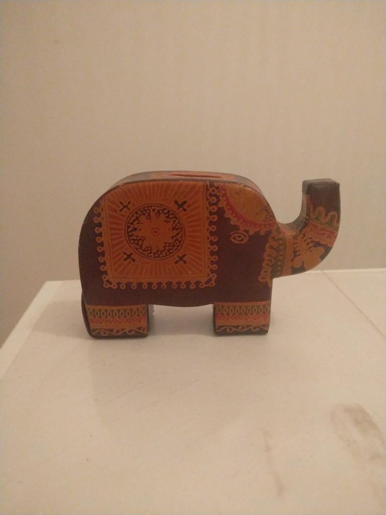 Indiaase spaarpot olifant leer - oranje en paarse versiering, Antiek en Kunst, Ophalen of Verzenden