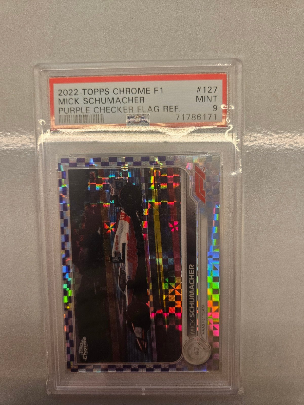 127 mick schumacher purple chequered /199 topps chrome f1 22, Hobby en Vrije tijd, Stickers en Plaatjes, Ophalen of Verzenden
