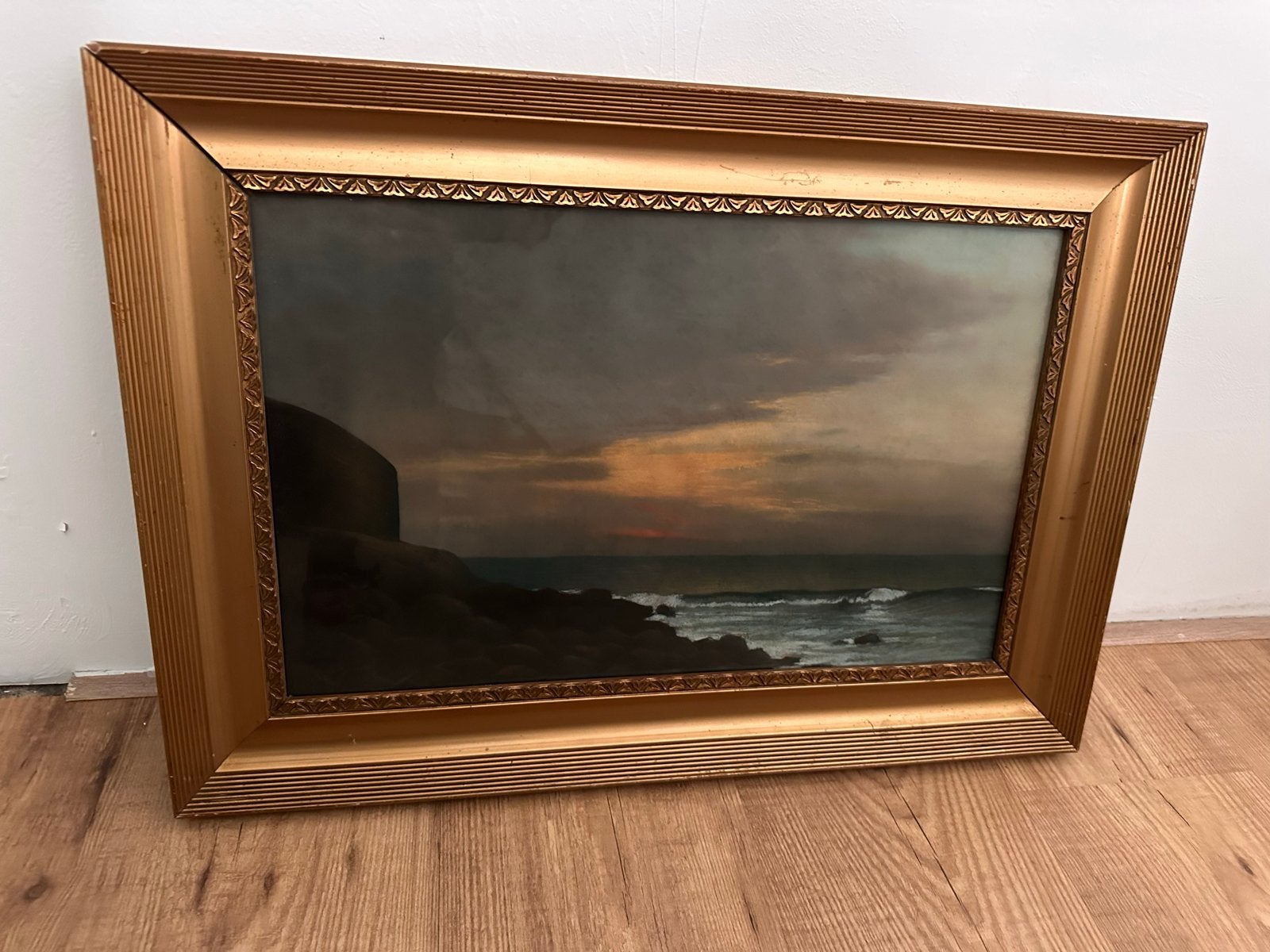 Schilderij zonsondergang aan zee, ingelijst, Antiek en Kunst, Kunst | Schilderijen | Klassiek, Ophalen, Maritiem / water, Doek