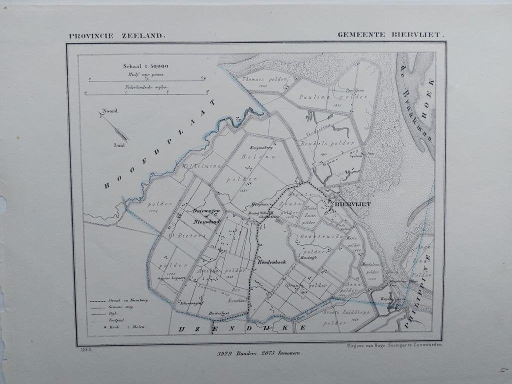 4 / Biervliet Driewegen Roodenhoek Litho uit 1866 J. Kuyper, Antiek en Kunst, Ophalen of Verzenden