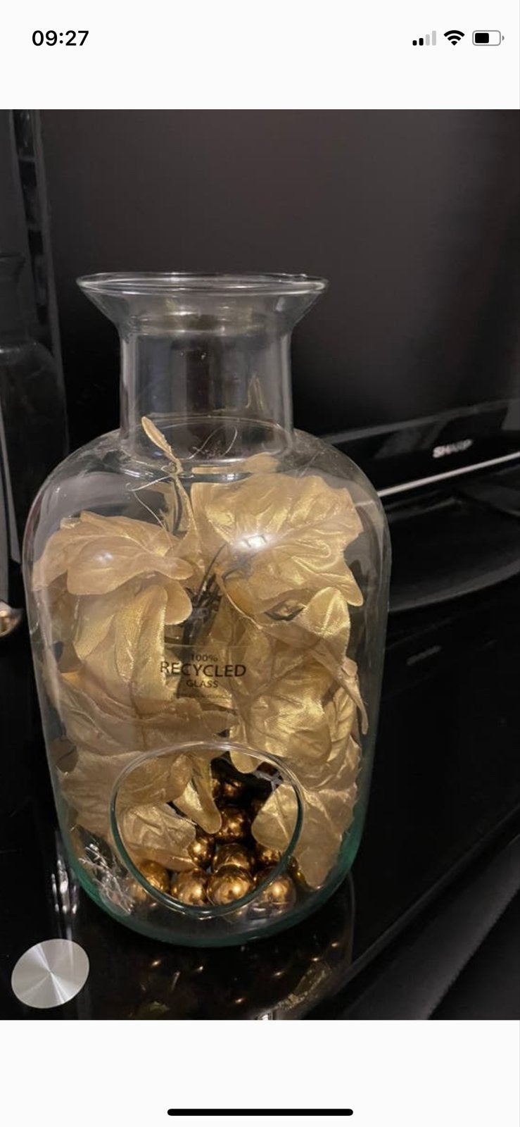 Glazen vaas met gouden decoratie - gerecycled glas, Ophalen, Transparant, Gerecycled glas, Glas