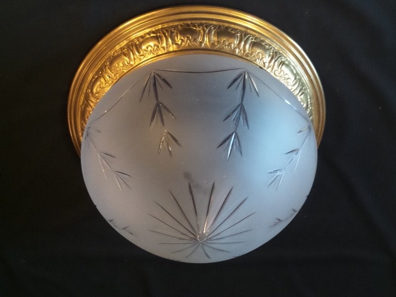 Antieke plafonniere met matte facet geslepen glaskap, Antiek en Kunst, Ophalen