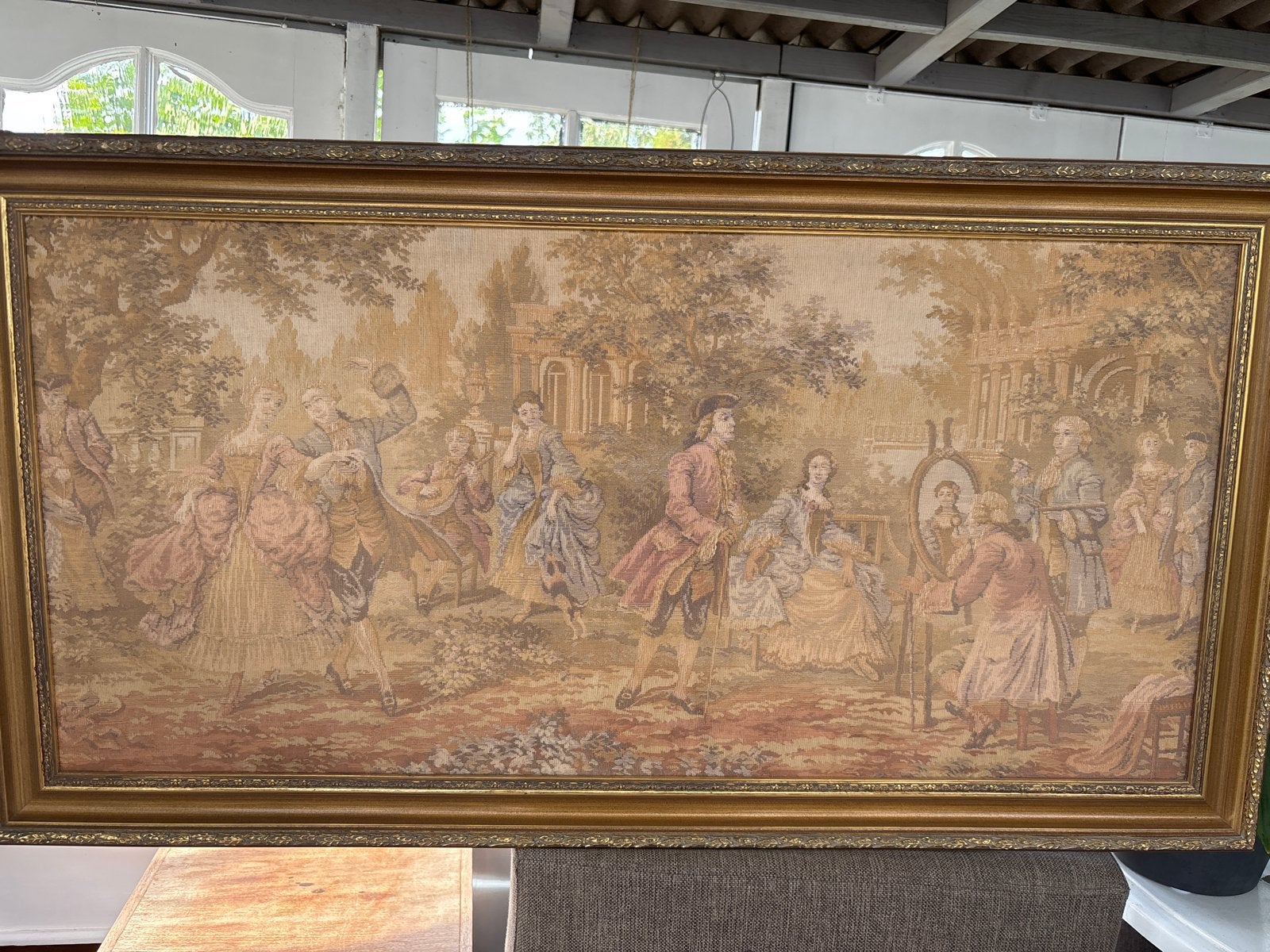 Groot klassiek wandtapijt met hofscène, Ophalen, Doek, Portret of Personen, Overige technieken