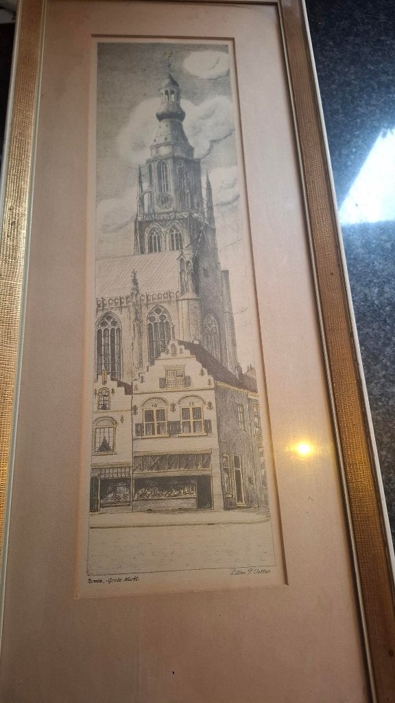 tekening Kerk van Breda in lijst van Piet Vetter., Ophalen, Oud hollands, Achter glas, Tekening