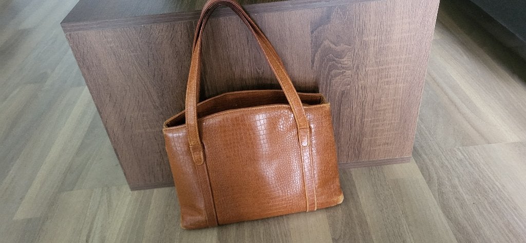 Vintage cognacbruine handtas croco-look – retro schoudertas, Ophalen of Verzenden, Gebruikt, Bruin, Handtas