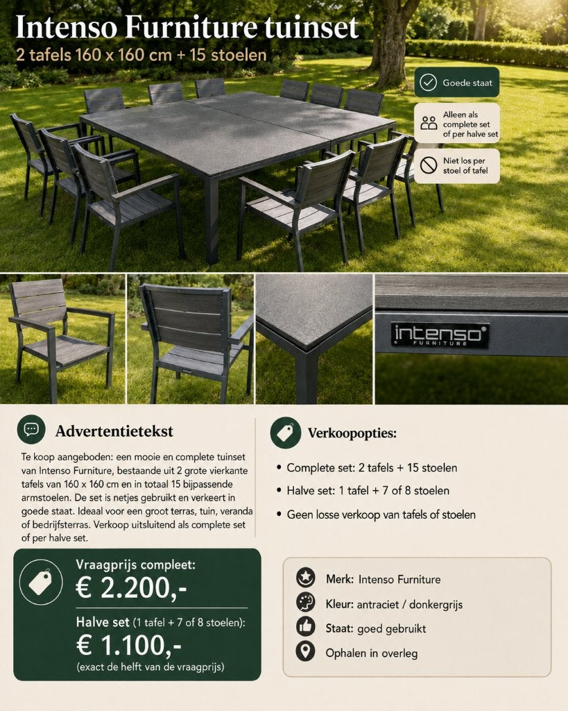 Intenso Furniture tuinset – 2 tafels 160x160 + 15 stoelen, Ophalen, Kunststof, Meer dan 8 zitplaatsen, Zo goed als nieuw