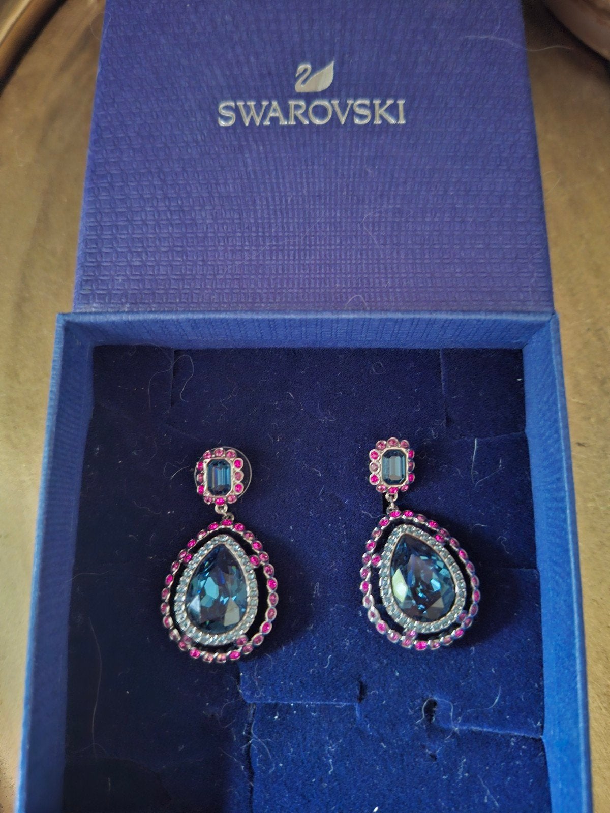 Swarovski Oorbellen met Blauwe en Roze Kristallen, Met kristal, Overige materialen, Hangers, Blauw