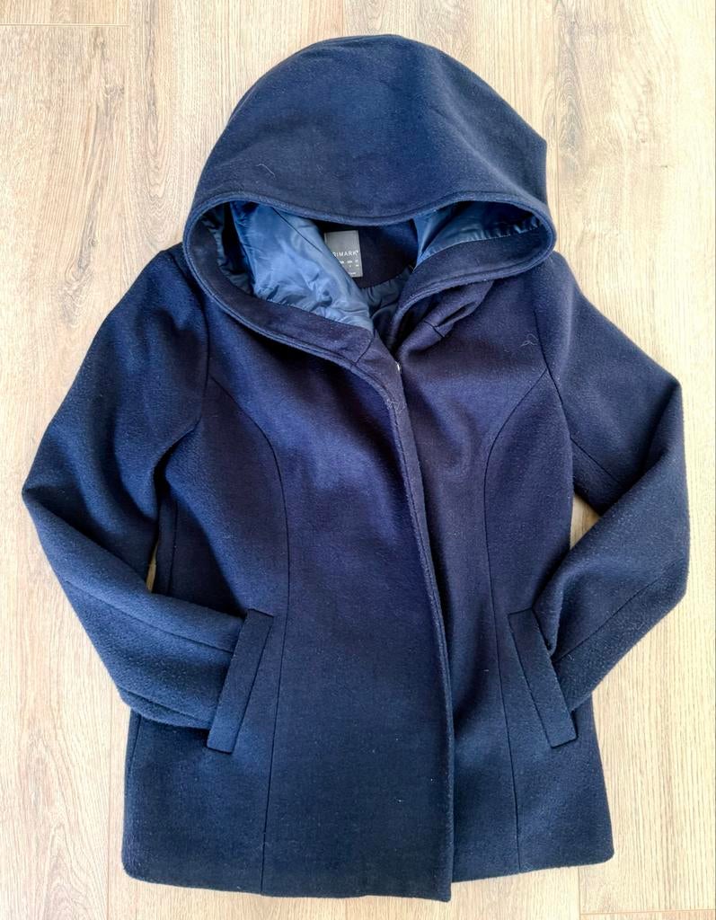 Donkerblauwe wollen jas met capuchon - Primark, Kleding | Dames, Jassen | Winter, Ophalen, Zo goed als nieuw, Maat 38/40 (M), Blauw