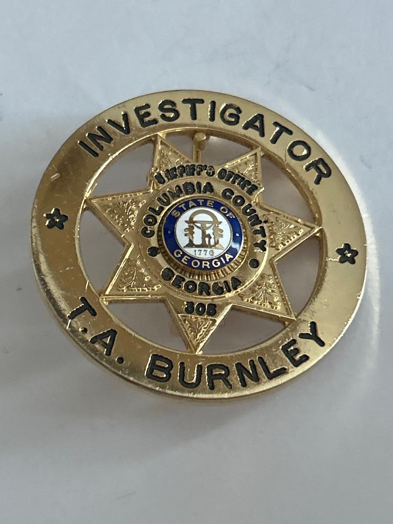 USA Sheriff Investigator Badge nr.305 Columbia T.A. Burnley, Verzenden, Landmacht, Amerika, Embleem of Badge