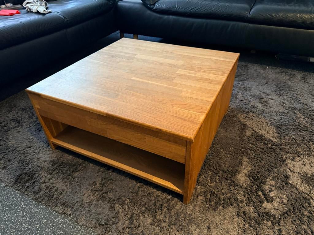 Massief eiken salontafel met lade, Ophalen, Gebruikt, 50 tot 100 cm, 50 tot 100 cm