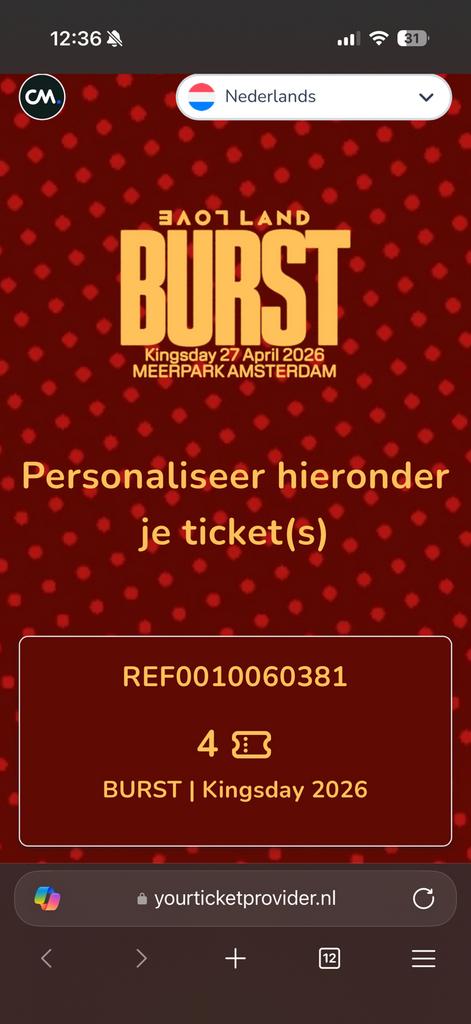 Burst ticket (nog niet gepersonaliseerd), Tickets en Kaartjes, Evenementen en Festivals, Eén persoon