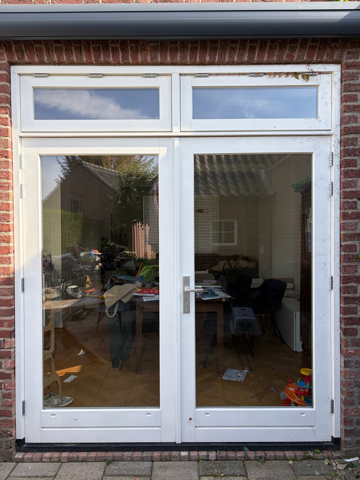 Dubbele tuindeuren met bovenlichten (216x253 cm), Ophalen, Gevelraam of Ruit, Gebruikt, 160 cm of meer