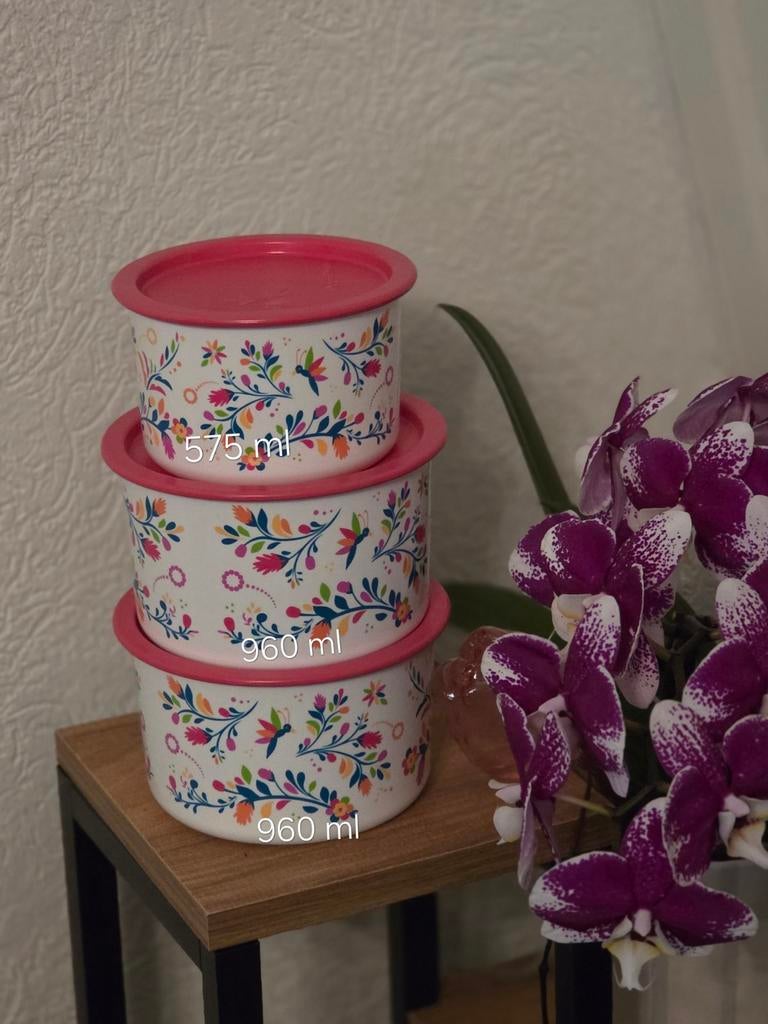 Tupperware koekdozen set met bloemenprint - 3 stuks, Huis en Inrichting, Keuken | Tupperware, Ophalen of Verzenden, Nieuw, Rood