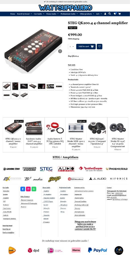 STEG QK200.4 4 kanaals SQ versterker 4 x 300WRMS high end, Hifi-Focus, Aalsmeerderweg 173 1432 CL, Aalsmeer, Nieuw, Ophalen of Verzenden