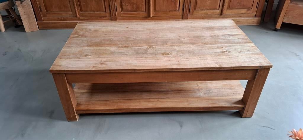 Zware, stevige Teak tafel met teak onderblad 130x70x45, Ophalen, Gebruikt, 100 tot 150 cm, Teakhout