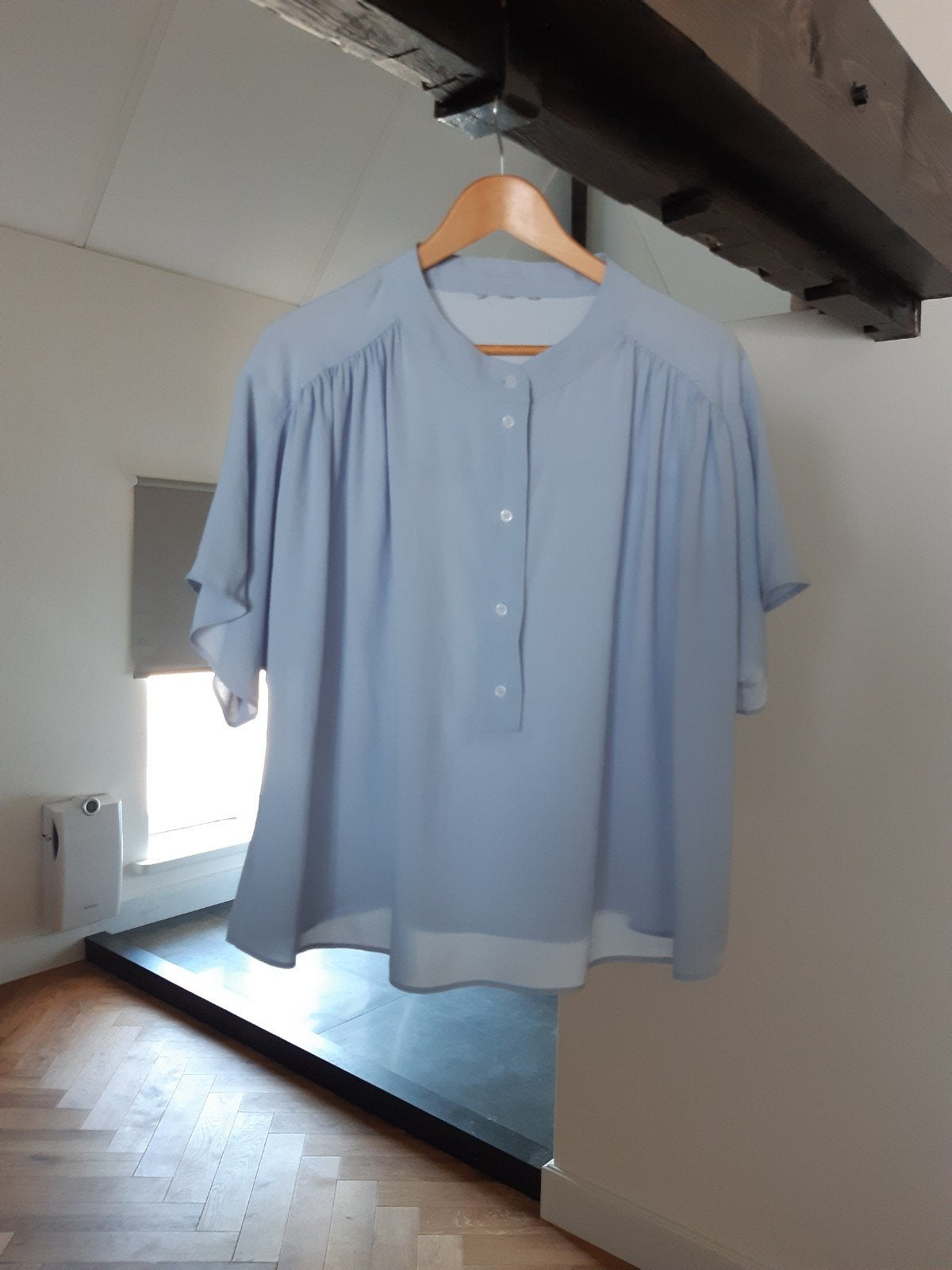 Lichtblauwe Blouse met Korte Mouw, Ophalen of Verzenden, Zo goed als nieuw, Maat 46/48 (XL) of groter, Blauw