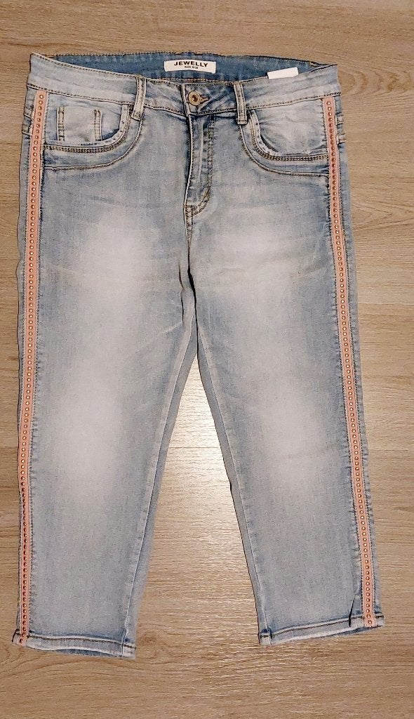 Nieuwe blauwe capri broek met roze bies, steentjes maat S/36, Blauw, Nieuw, Ophalen of Verzenden, Driekwart