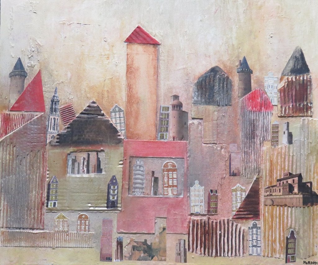 schilderij huisjes 50x60cm, Ophalen of Verzenden